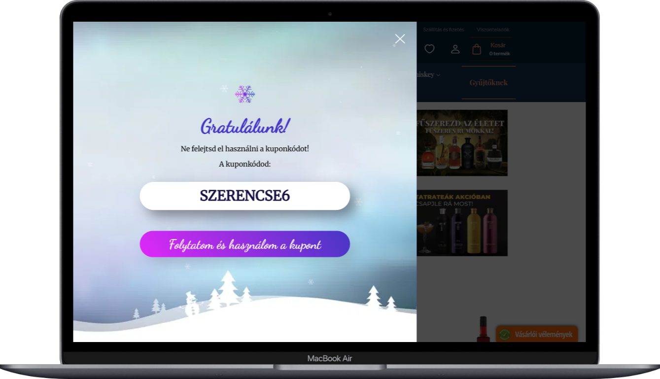 A DrinkMix szerencsekerék popupjának nyeremény oldala