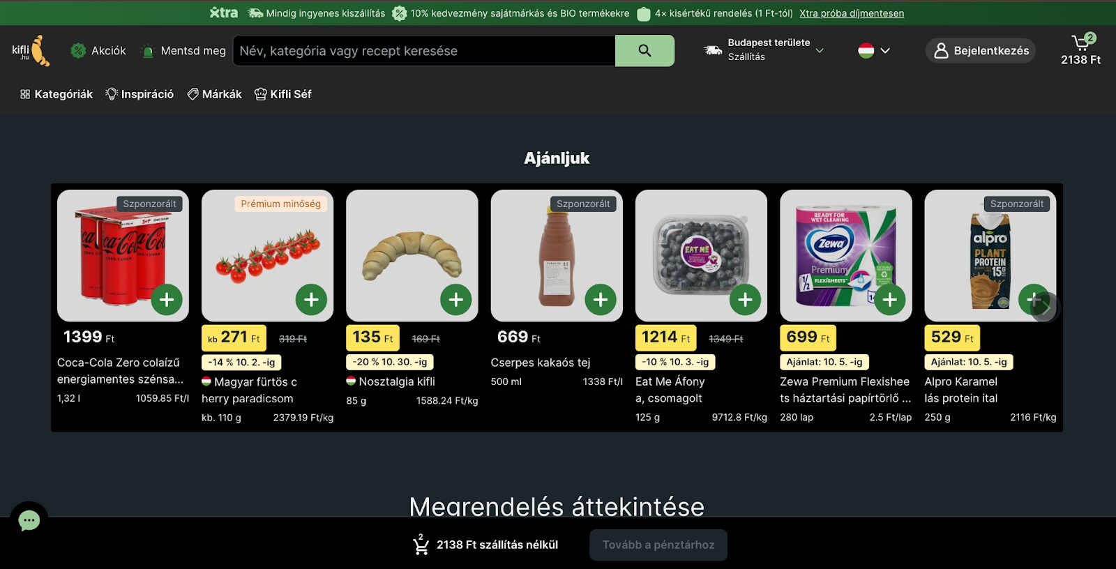 Kifli kosároldalon is ajánl további termékeket.