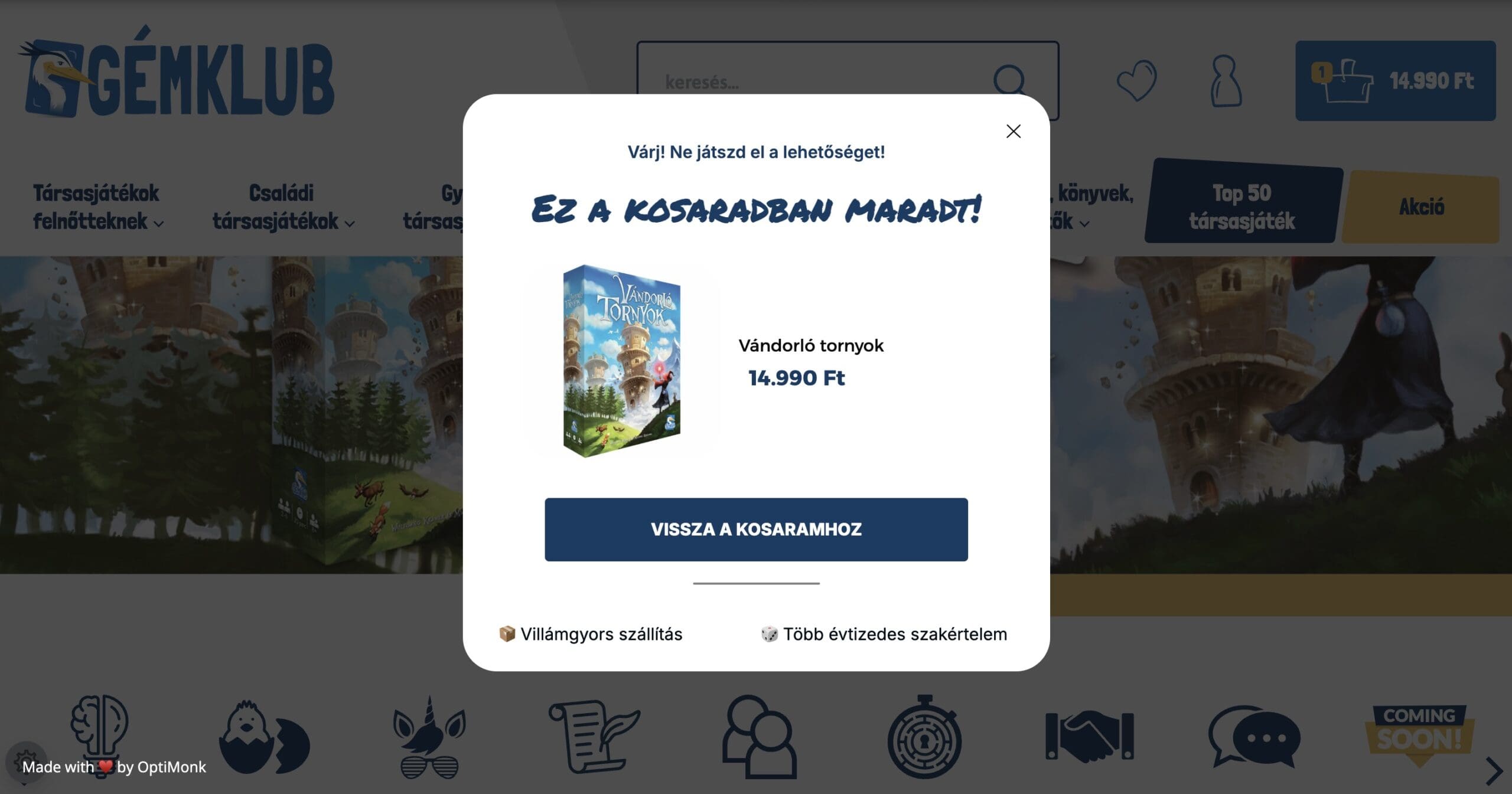GémKlub kosárelhagyást csökkentő popupja.