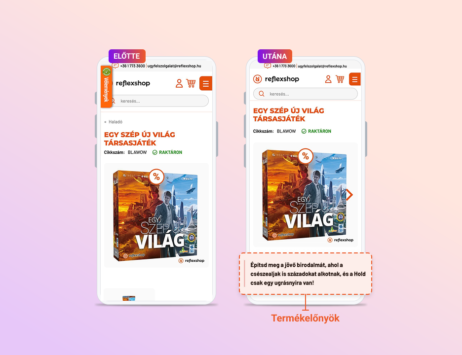 Reflexshop termékoldala az optimalizáció előtt és után.