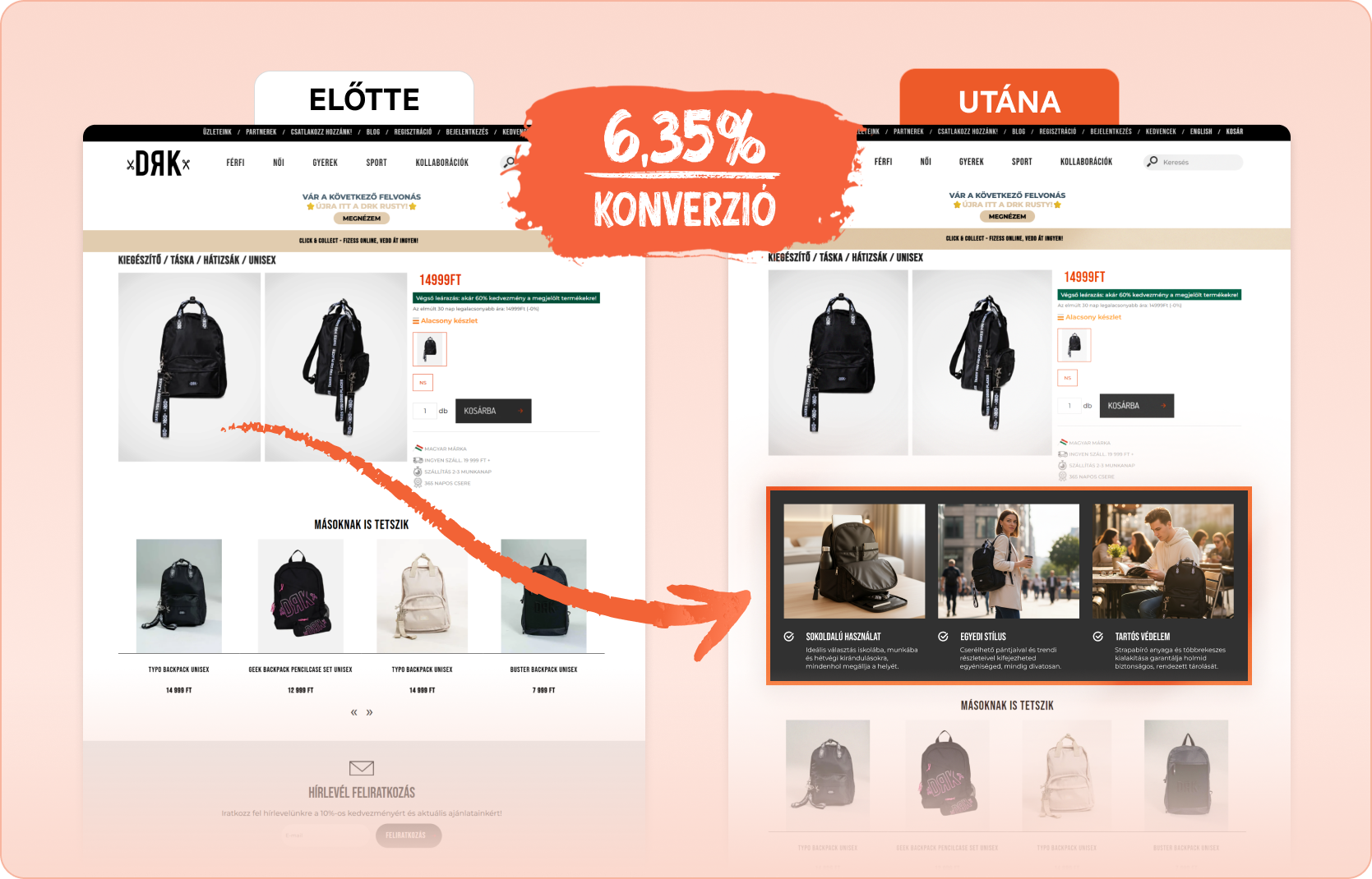 Termékoldal optimalizáció előtt és után