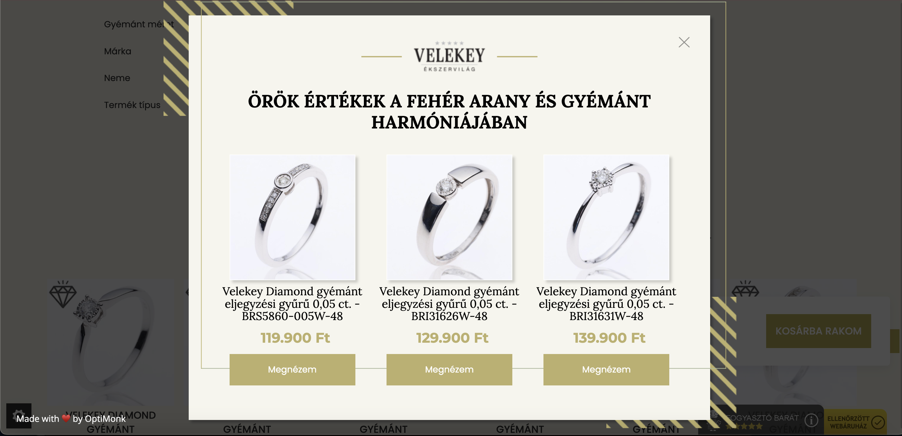 Velekey Ékszervilág okos termékajánló popupja.