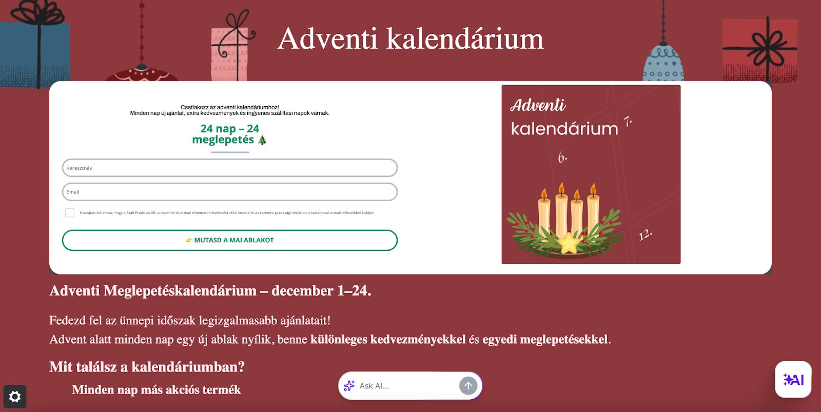 Adventi kalendárium a Szafitól