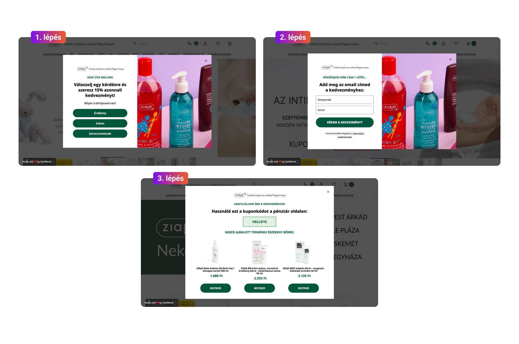 Ziaja több-lépcsős popupja