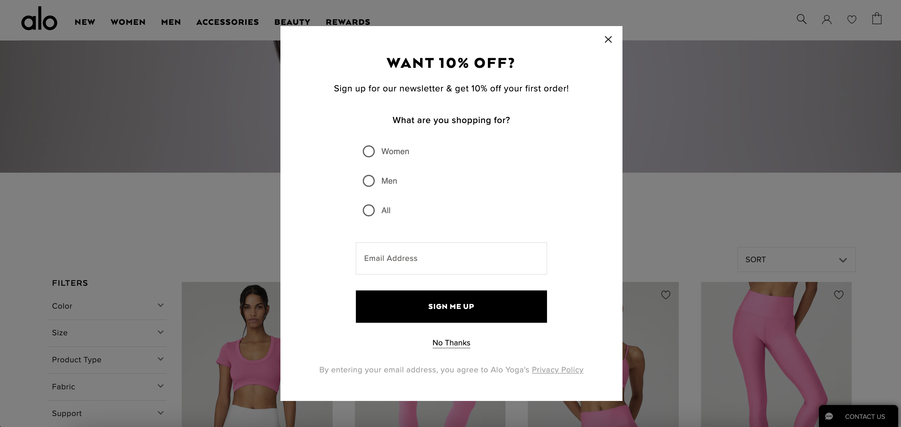 Alo Yoga weboldal pop-up példa