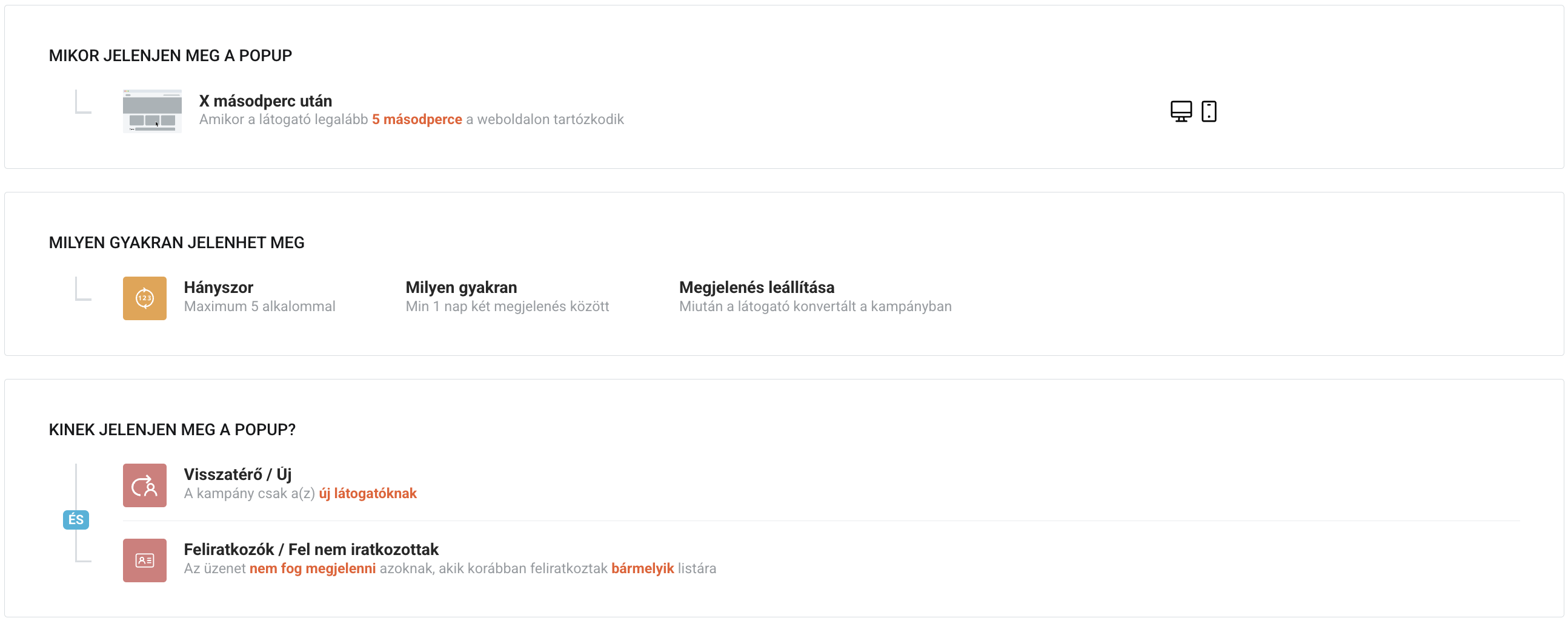 OptiMonk popup beállítások