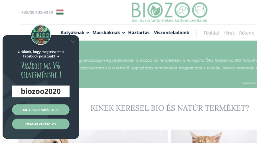 Sidemessage a Facebookról érkező látogatóknak, mely 5 másodperc után jelenik meg.