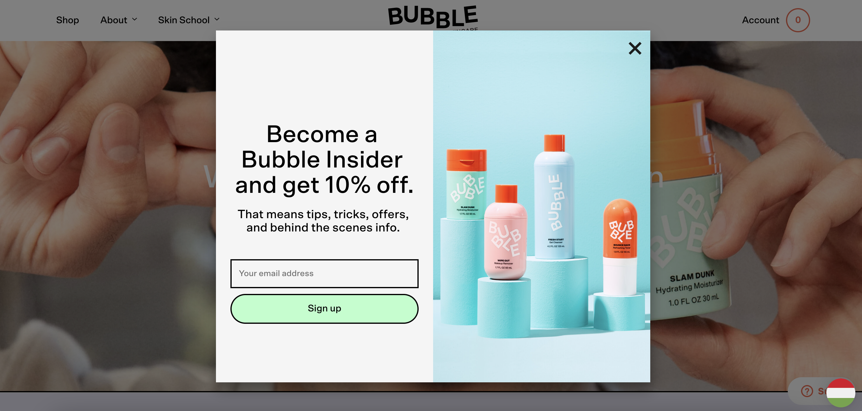 Bubble Skincare weboldal pop-up példa