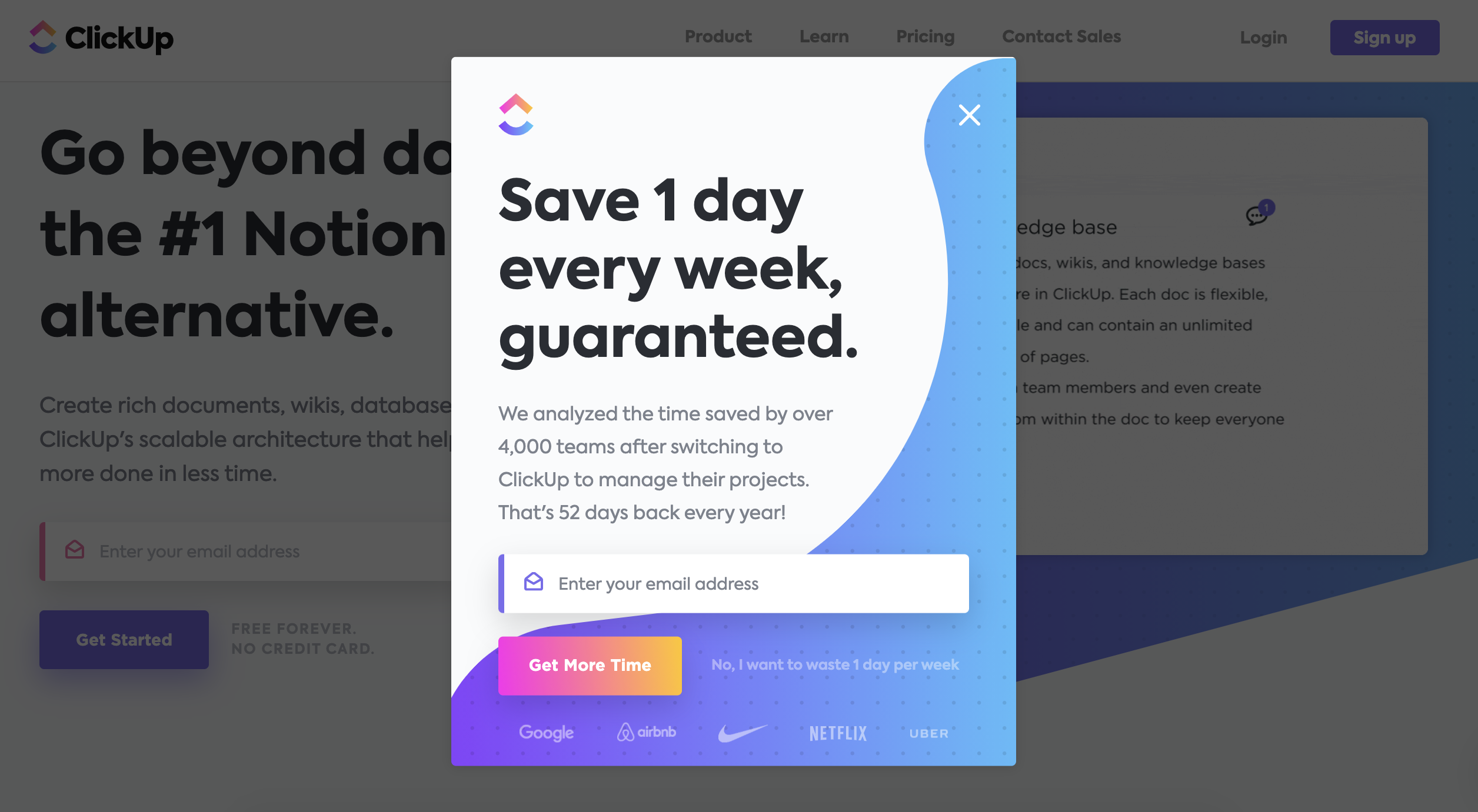 Clickup weboldal popup példa