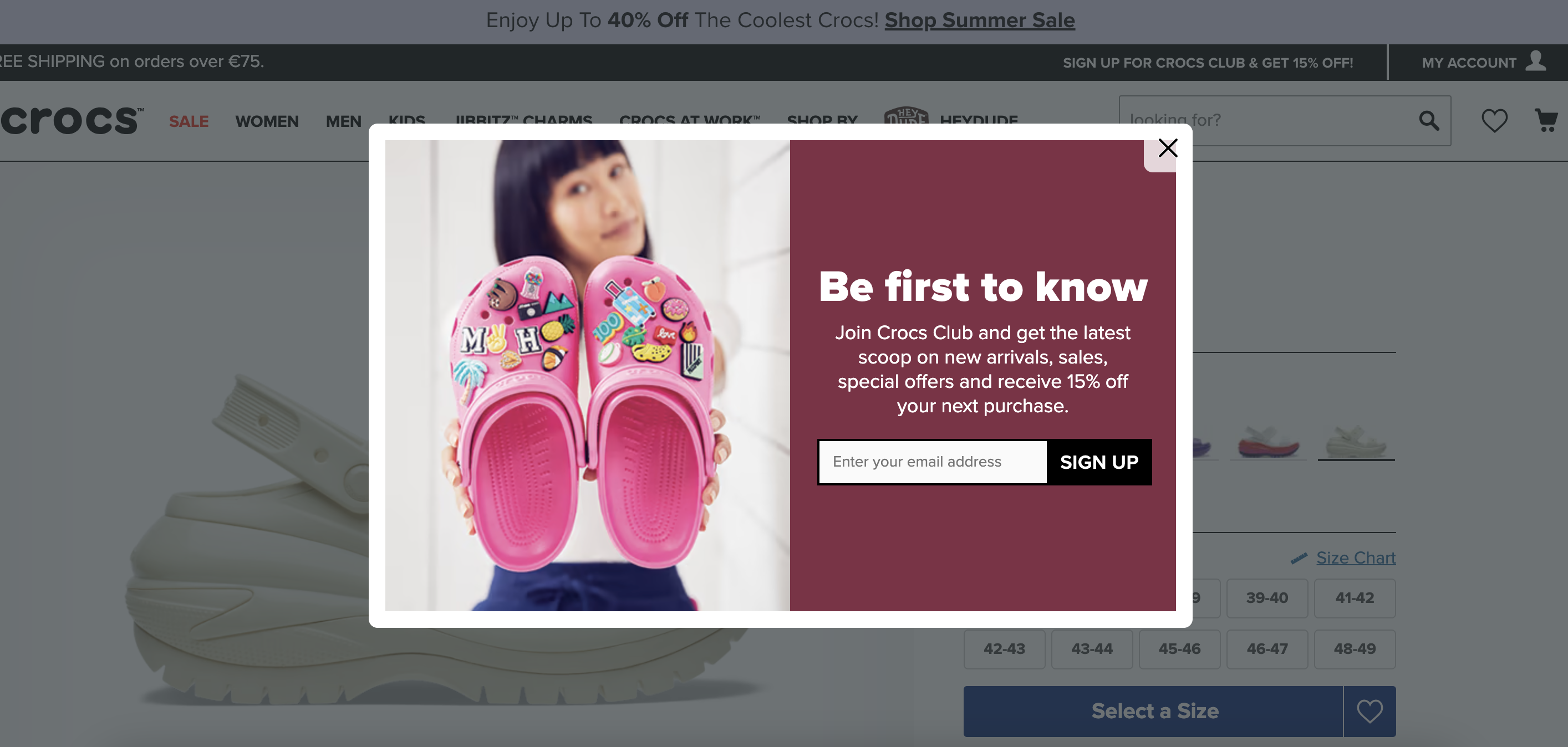 Crocs weboldal popup példa