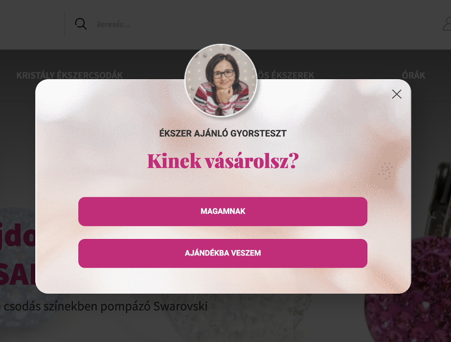 Ékszer ajánló gyorsteszt popup a főoldalon legalább 5 másodperce tartózkodó új látogatók számára.