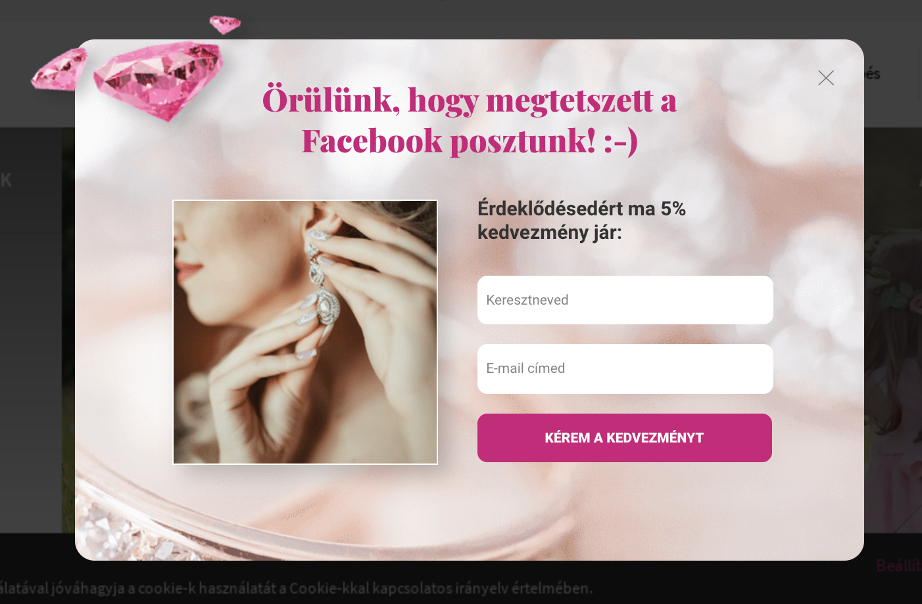 Facebookról érkező új látogatóknak megjelenő popup.