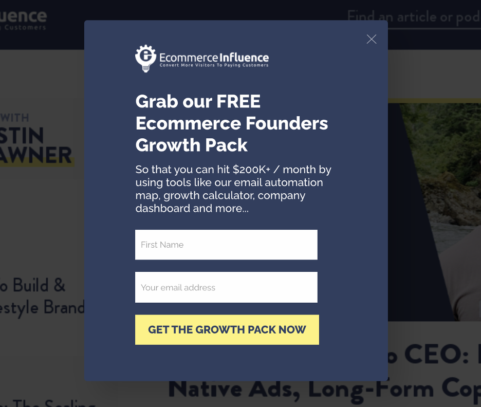 Ecommerce Influence egyedi kilépési popupja