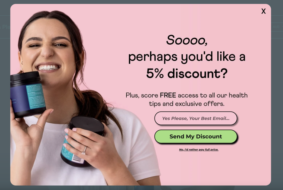 Yes Please Health laza, barátságos hangvételű popup példája