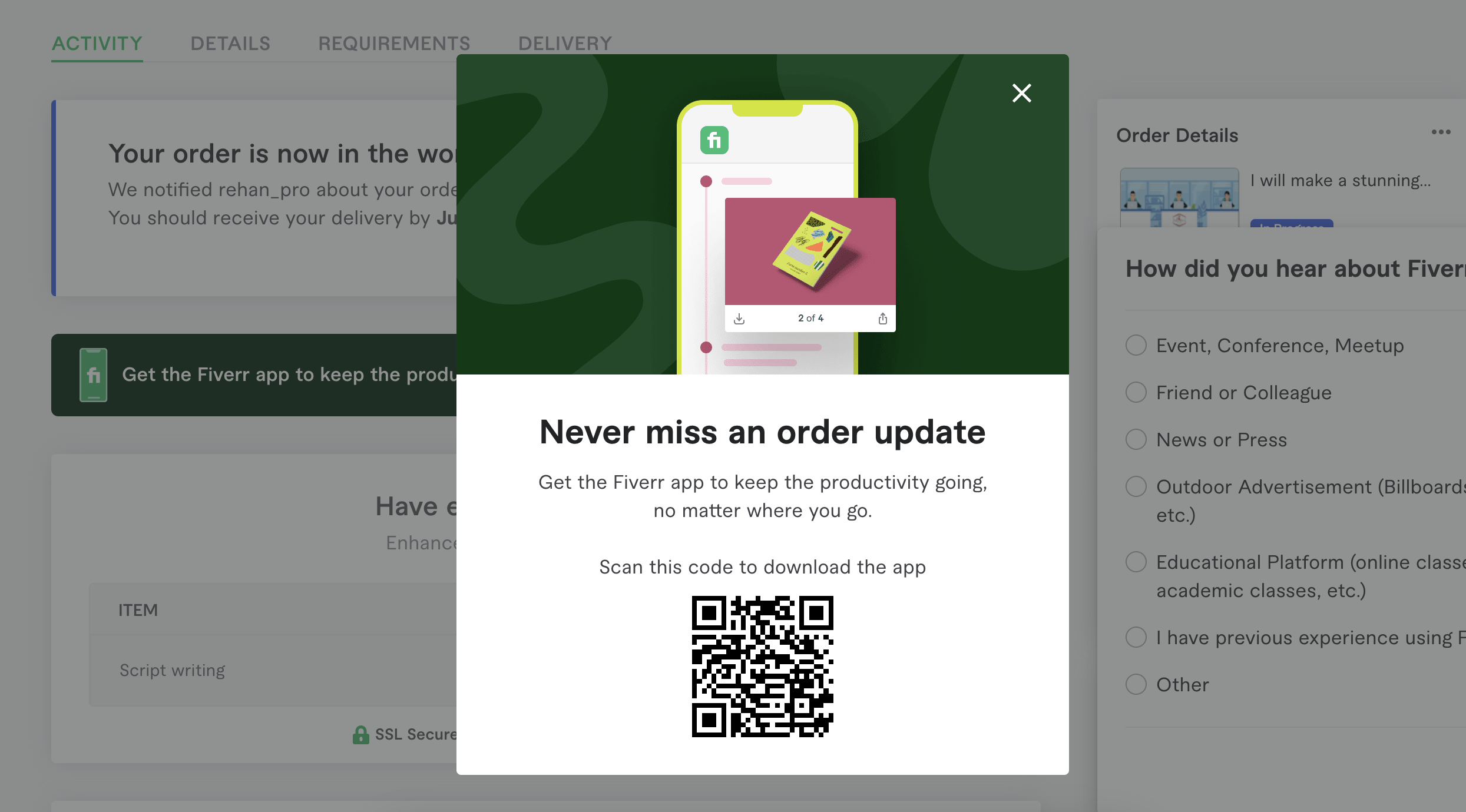 Fiverr weboldal popup példa