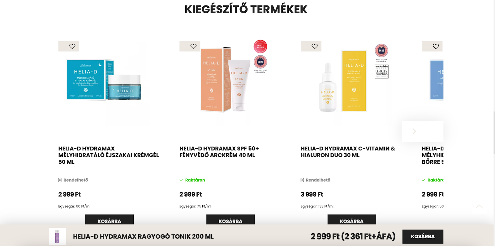Helia-D kiegészítő termékeket kínál a termékoldalon