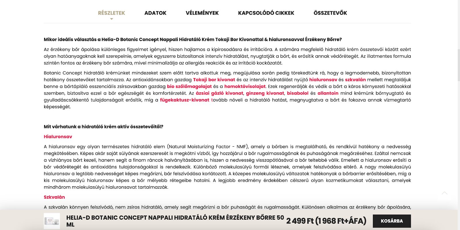 Helia-D részletes leírást ad a termékekhez