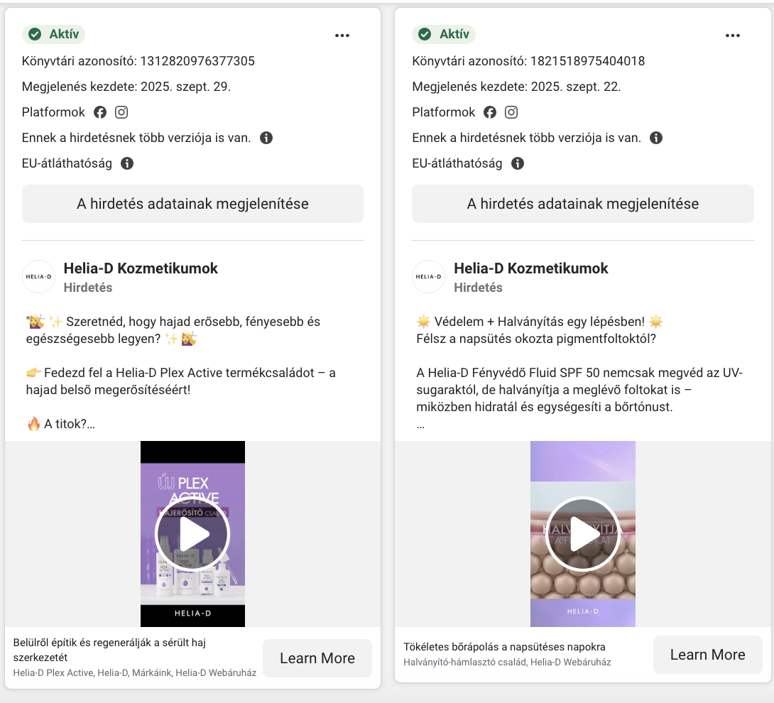 A Helia-D Facebook hirdetései