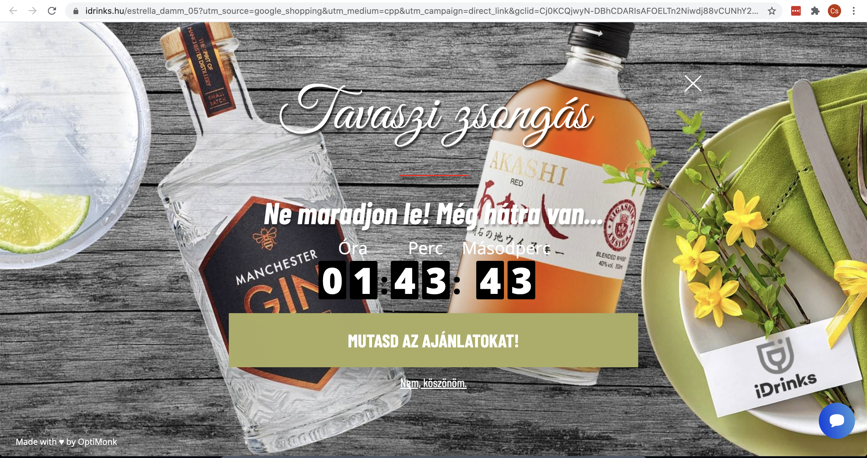 iDrinks teljes képernyős popupja