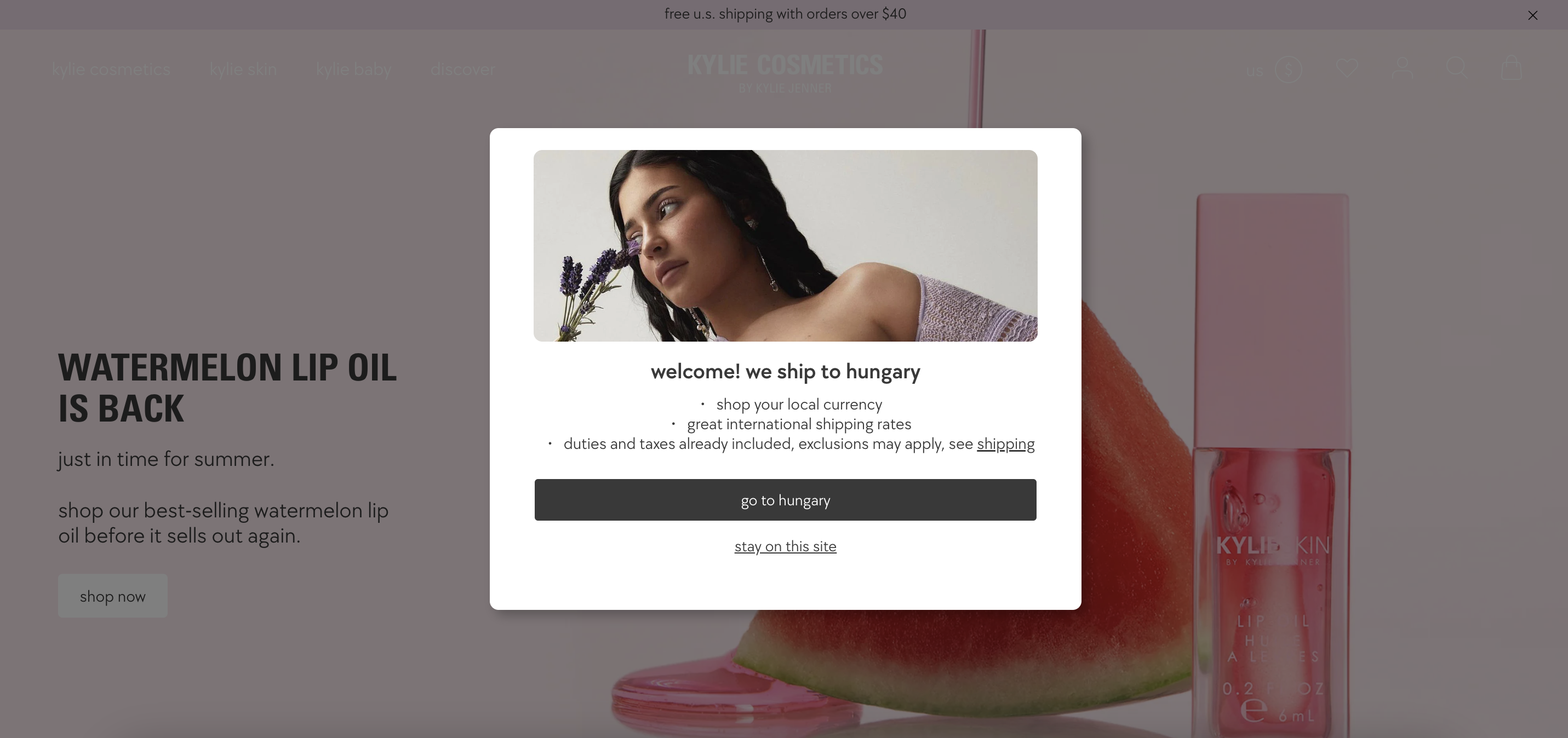 Kylie Cosmetics weboldal popup példa