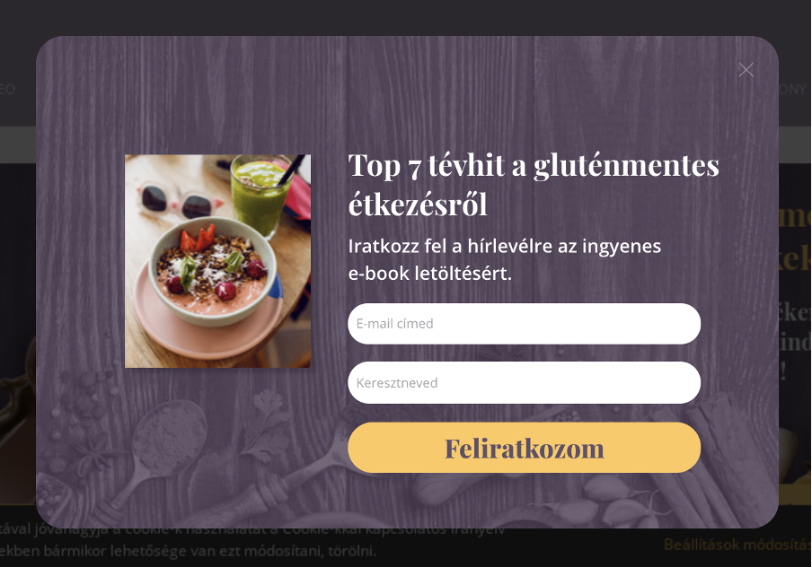 Ingyenes e-bookot hirdető popup, mely kilépési szándékra jelent meg azoknak a látogaknak, akik még nem tettek semmit a kosarukba.