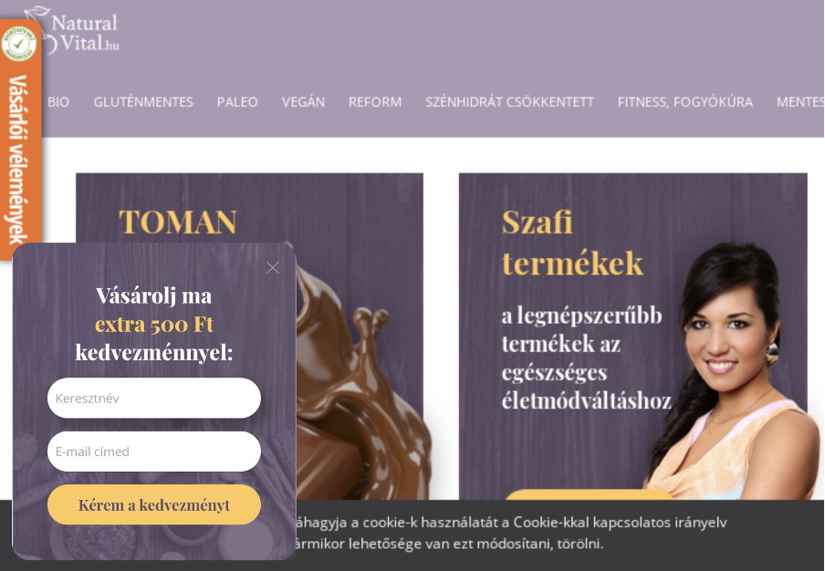 Kedvezményt kínáló sidemessage, mely 15 másodperc után jelent meg azoknak a látogatóknak, akik még nem vásároltak korábban, a virtuális kosaruk üres, de már legalább 3 oldalt megtekintettek.