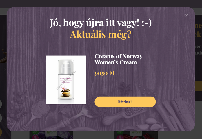 Azoknak a visszatérő látogatóknak megjelenő popup, akik korábban még nem vásároltak az oldalon.
