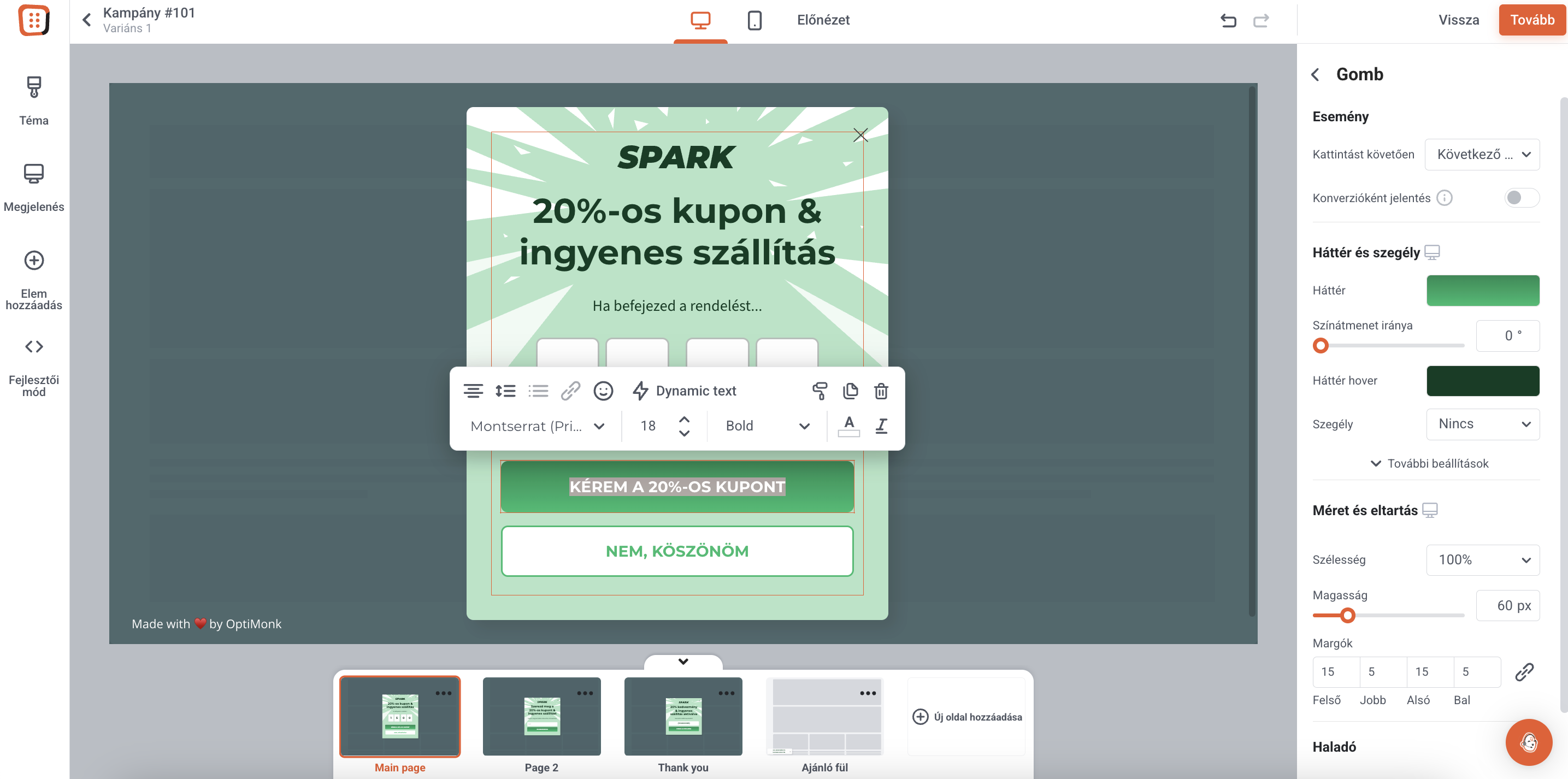 OptiMonk drag and drop szerkesztője