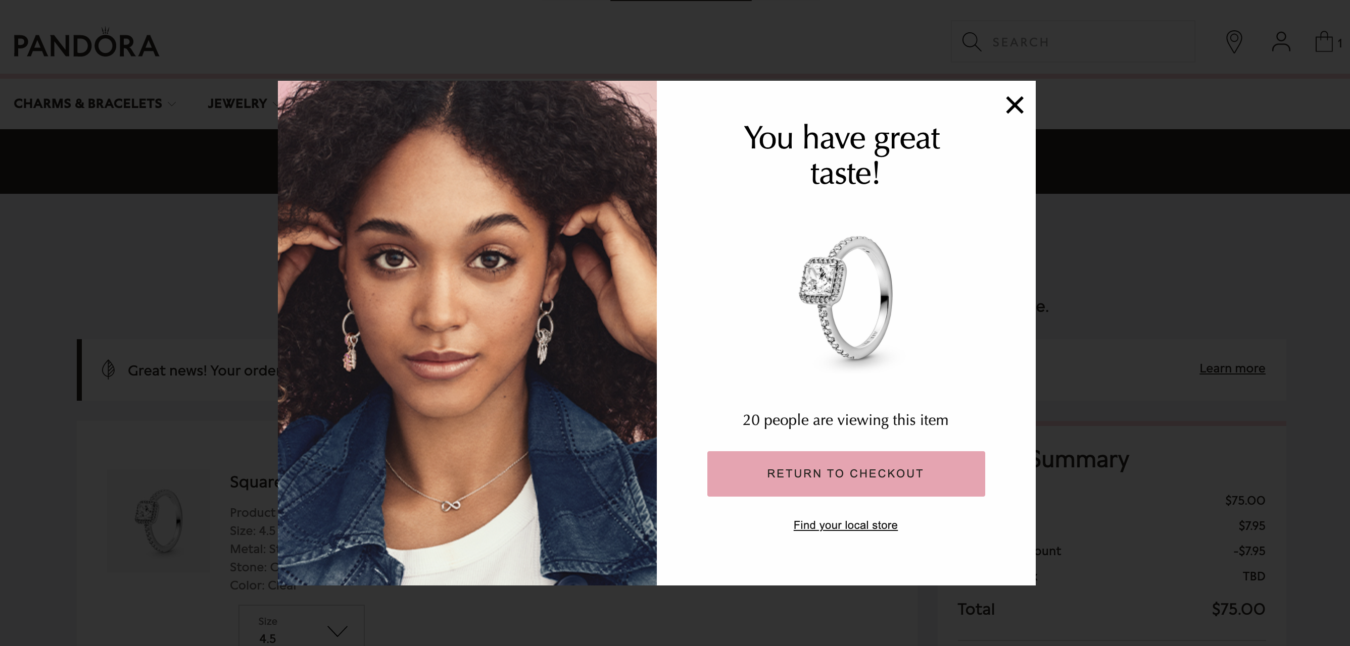 Pandora weboldal popup példa