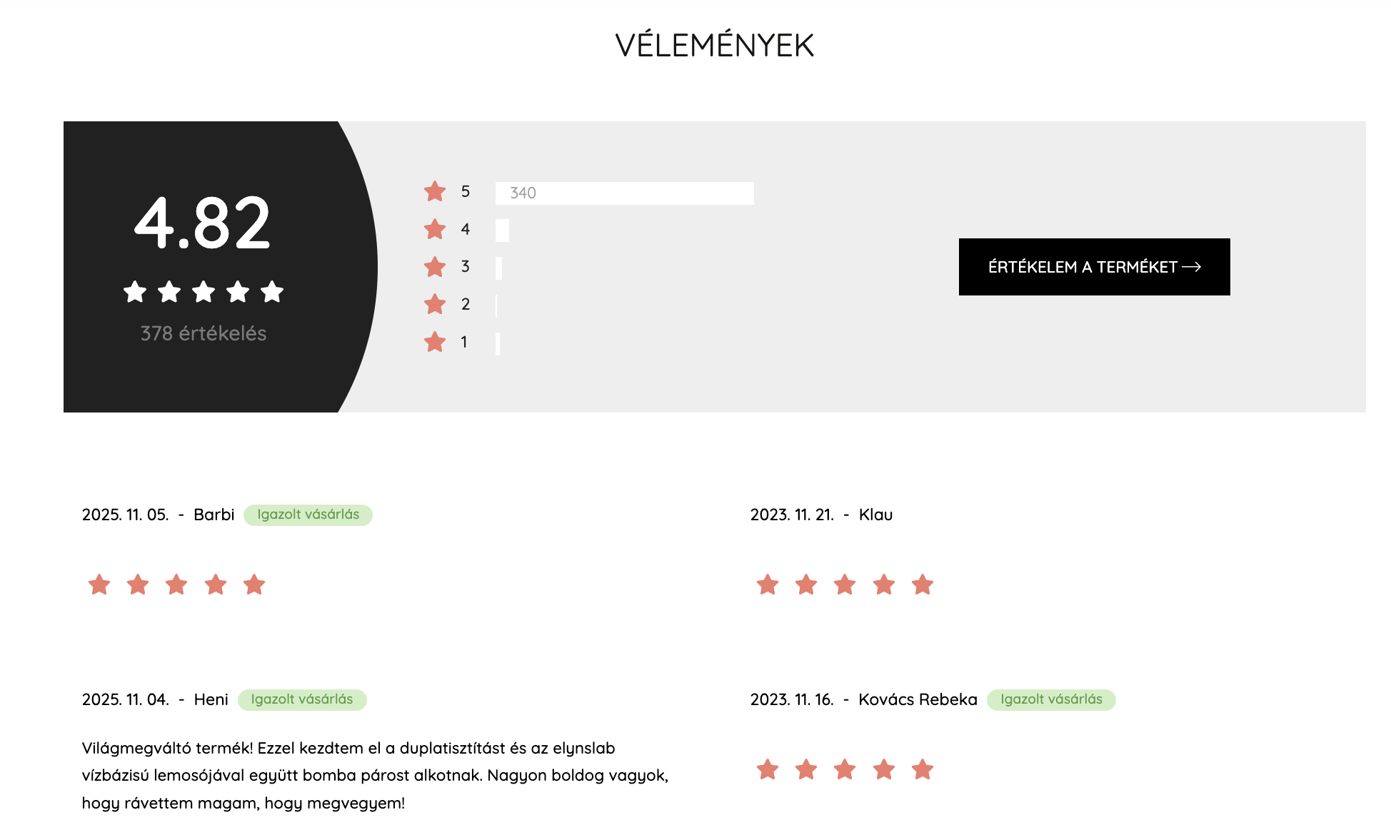 Vélemények a termékoldalon